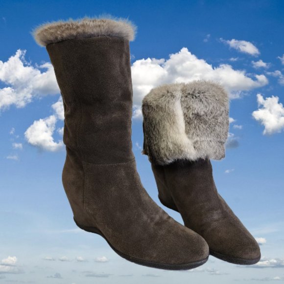 Aquatalia Womens 8 Genuine Fur Taupe Suede Fold Over Wedge Heel Back Zip Boots - Picture 15 of 15